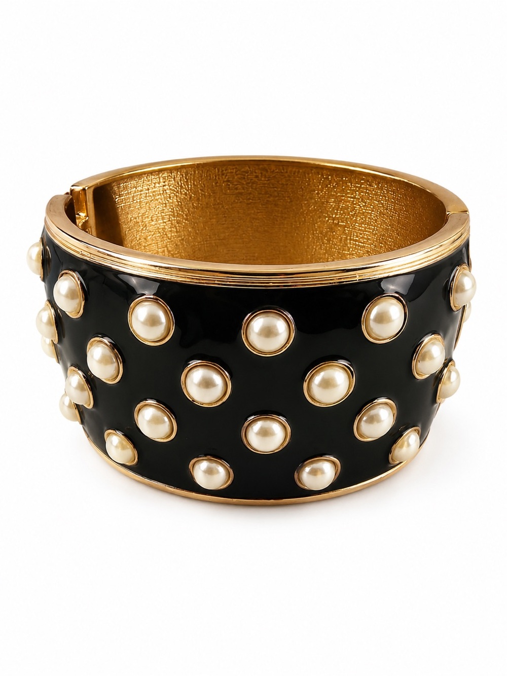 New Black Enamel Wide Hinged Bangle Bracelet Gold Tone Faux Pearl Statement
